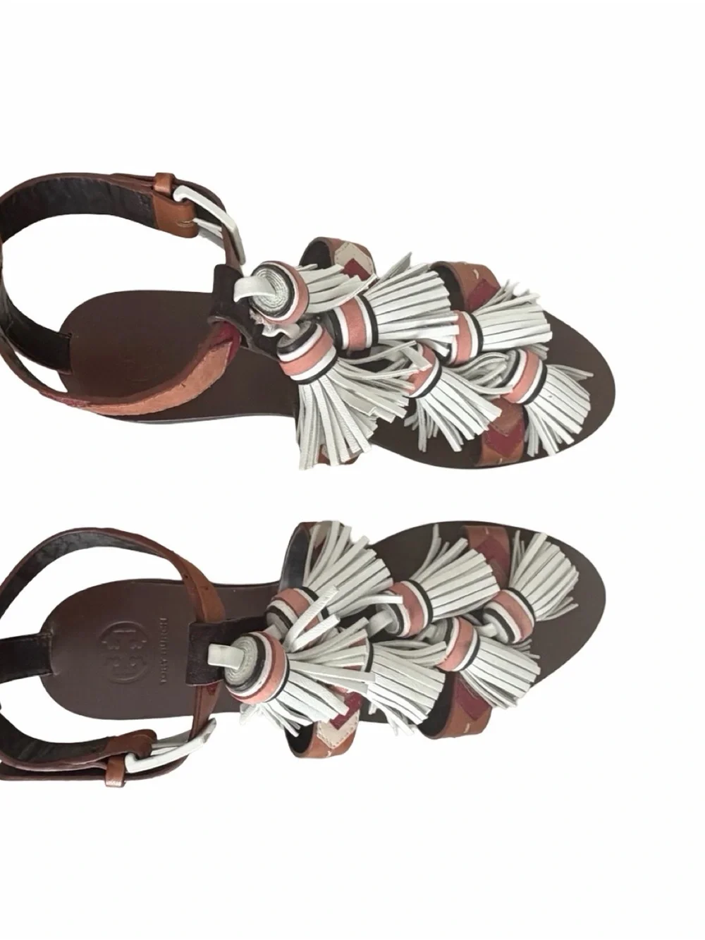 TORY BURCH Tassel Gladiator Leather Sandals Brown and White Sz 8M